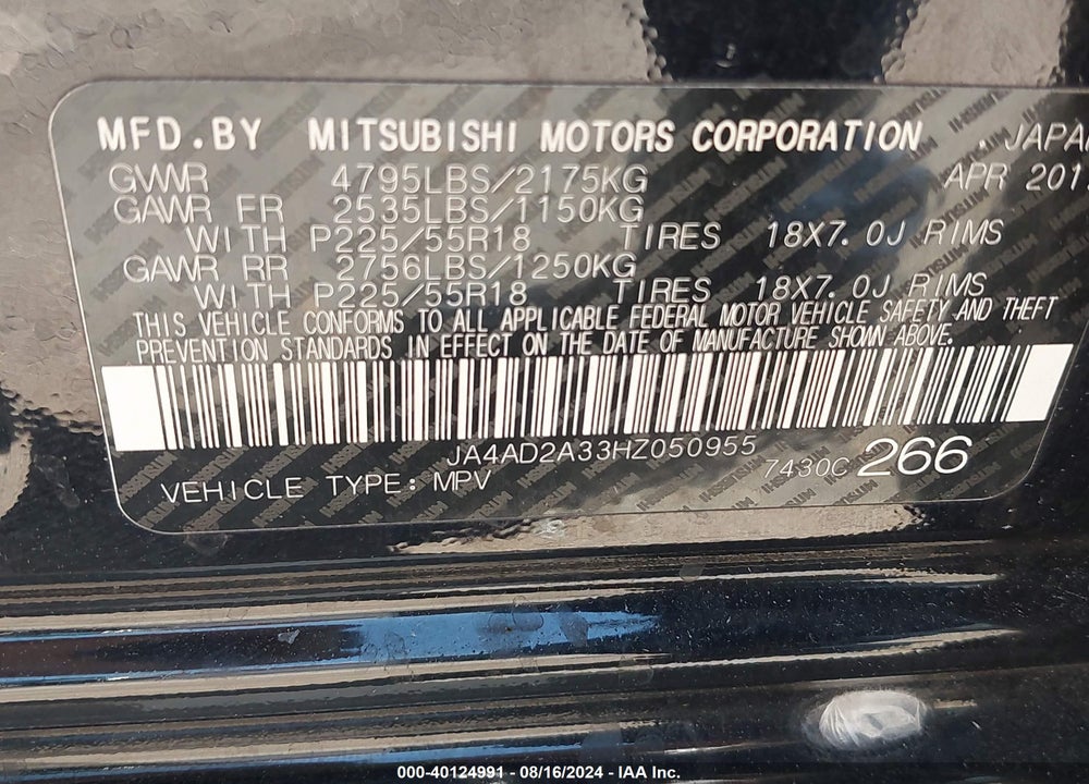 2017 MITSUBISHI OUTLANDER ES VIN: JA4AD2A33HZ050955