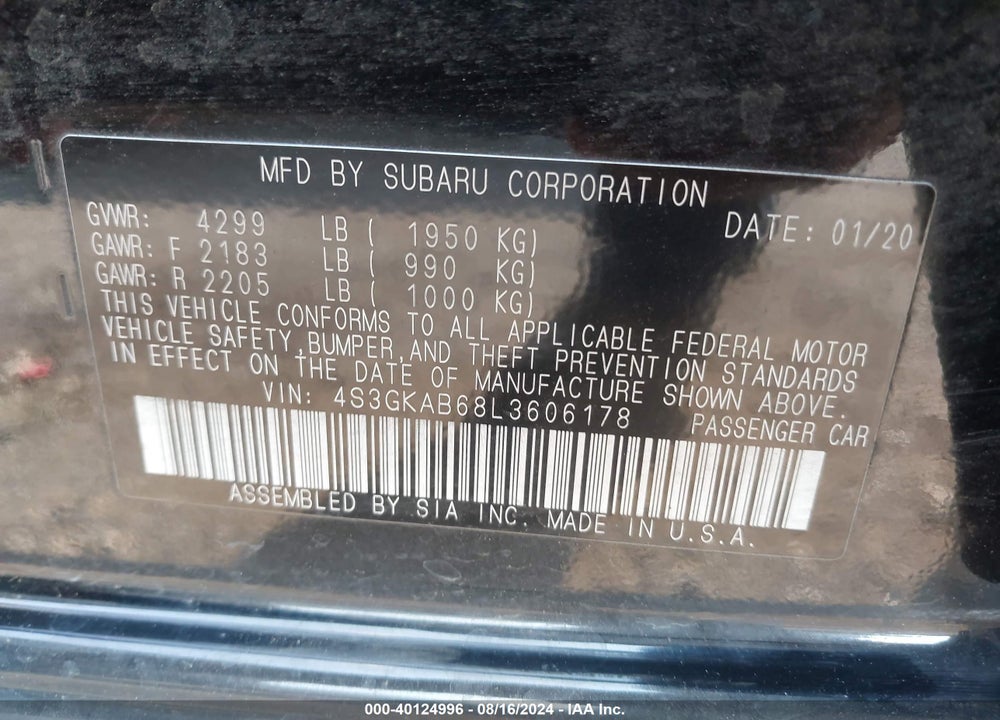 2020 SUBARU IMPREZA SEDAN VIN: 4S3GKAB68L3606178
