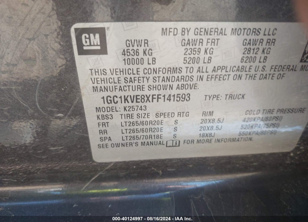 2015 CHEVROLET SILVERADO 2500HD VIN: 1GC1KVE8XFF141593