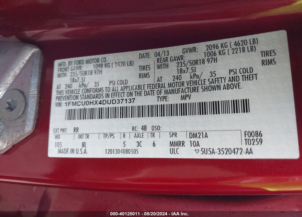 2013 FORD ESCAPE SEL VIN: 1FMCU0HX4DUD37137