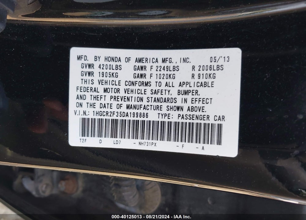 2013 HONDA ACCORD LX VIN: 1HGCR2F35DA199886