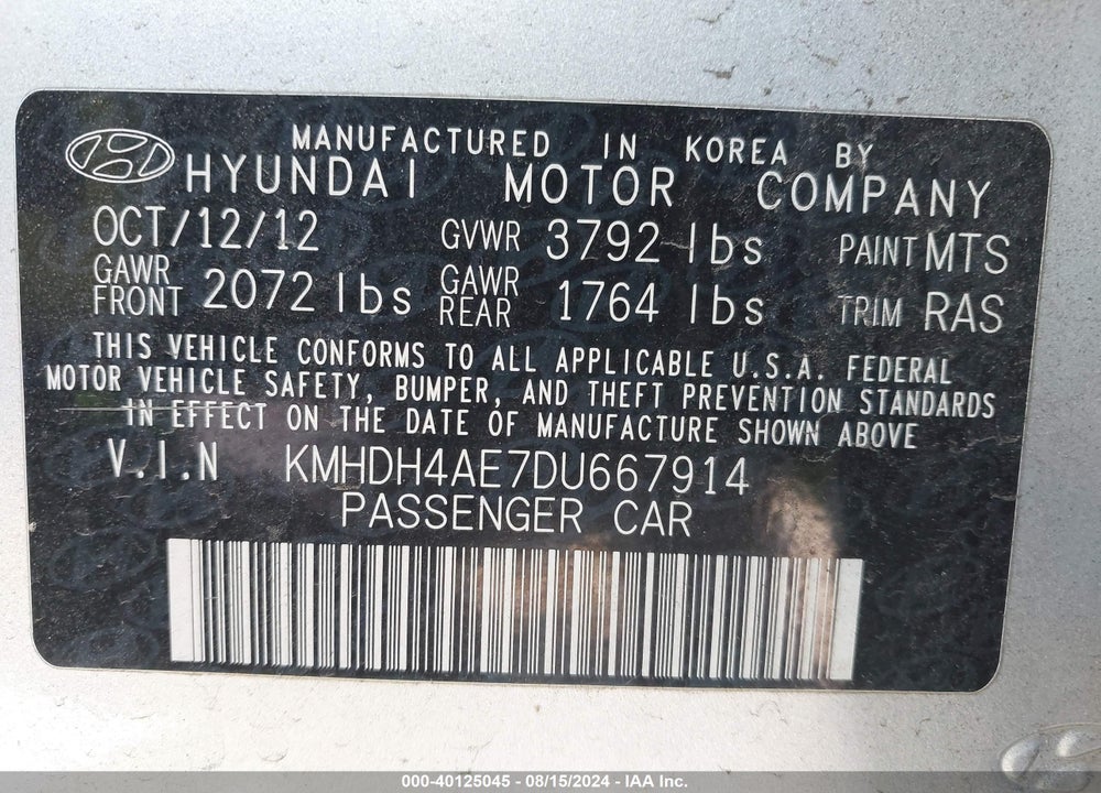 2013 HYUNDAI ELANTRA GLS VIN: KMHDH4AE7DU667914