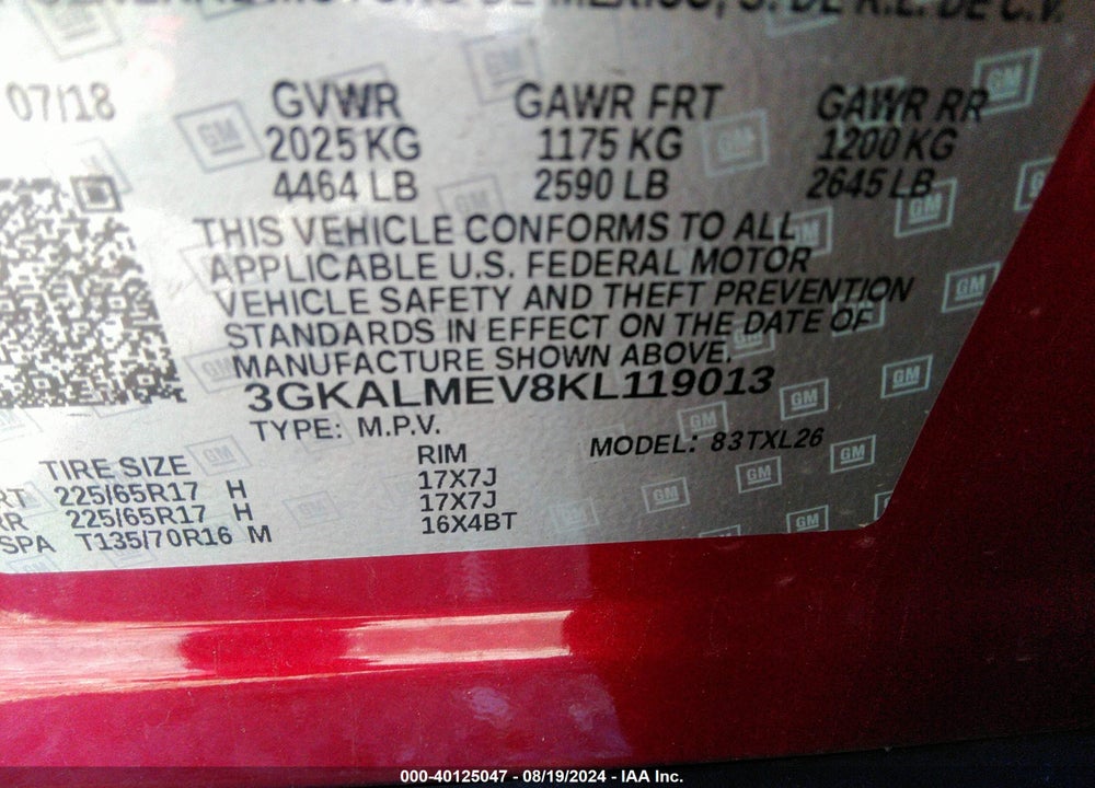 2019 GMC TERRAIN SLE VIN: 3GKALMEV8KL119013