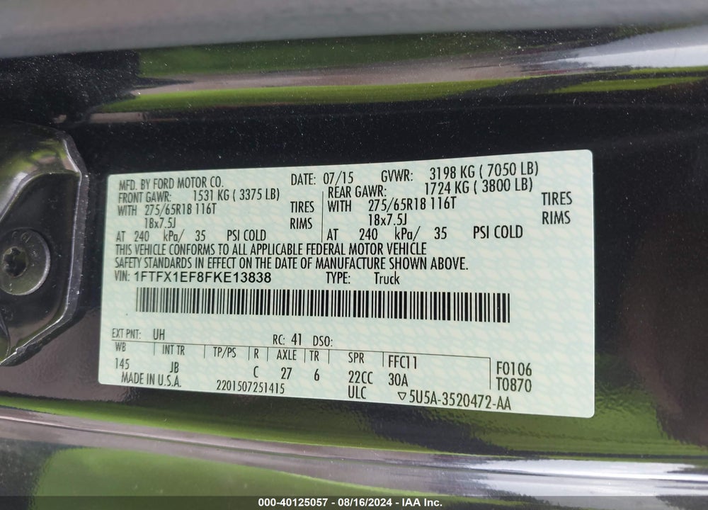 2015 FORD F-150 XLT VIN: 1FTFX1EF8FKE13838