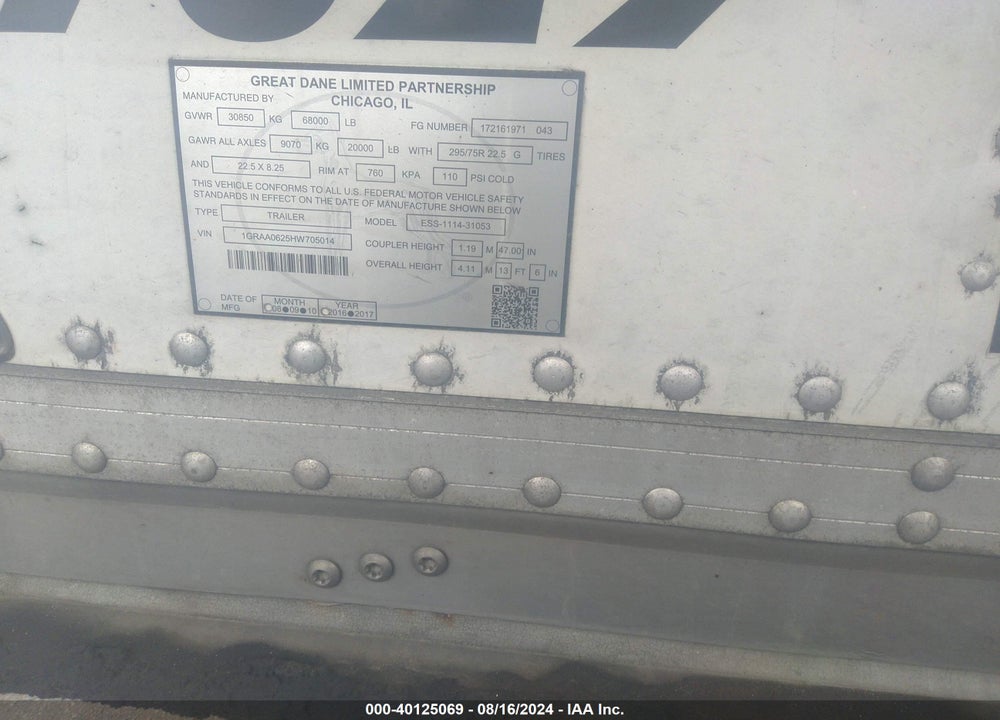 2017 GREAT DANE TRAILERS 53' REEFER SEMI TRAILER VIN: 1GRAA0625HW705014