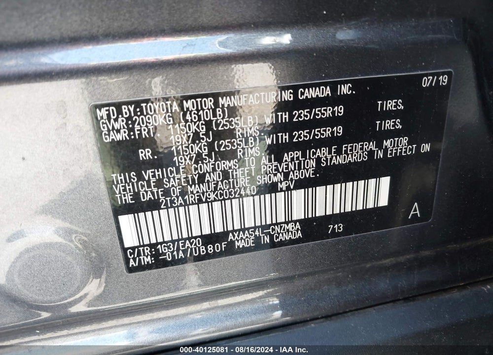 2019 TOYOTA RAV4 XLE PREMIUM VIN: 2T3A1RFV9KC032440