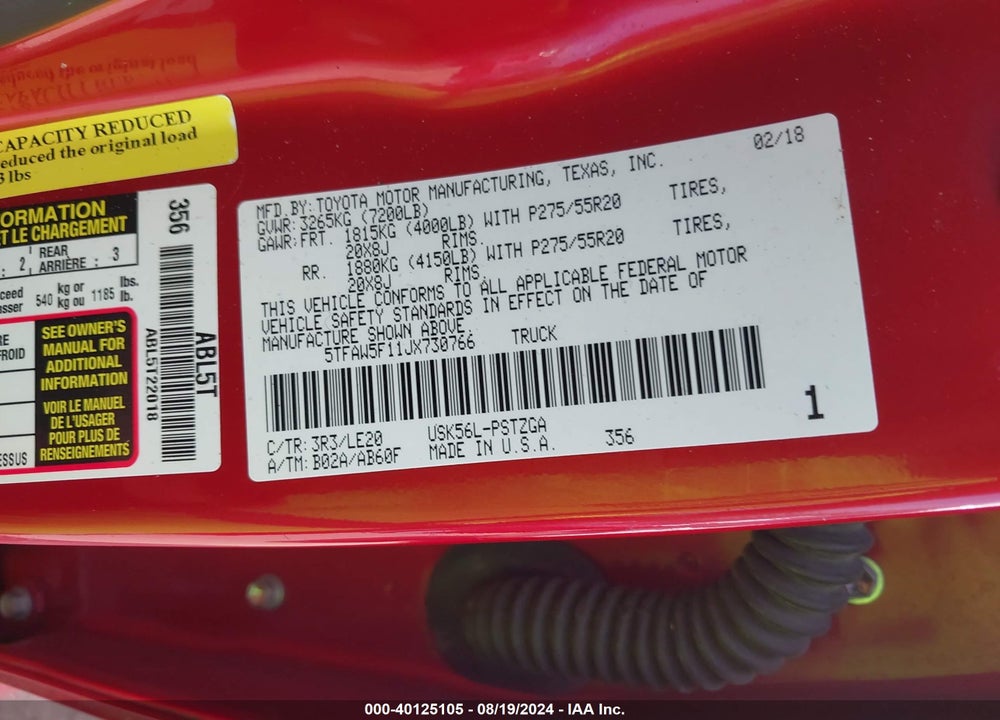 2018 TOYOTA TUNDRA PLATINUM 5.7L V8 VIN: 5TFAW5F11JX730766