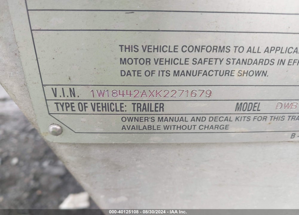 2019 WILSON TRAILER CO UNKNOWN VIN: 1W18442AXK2271679