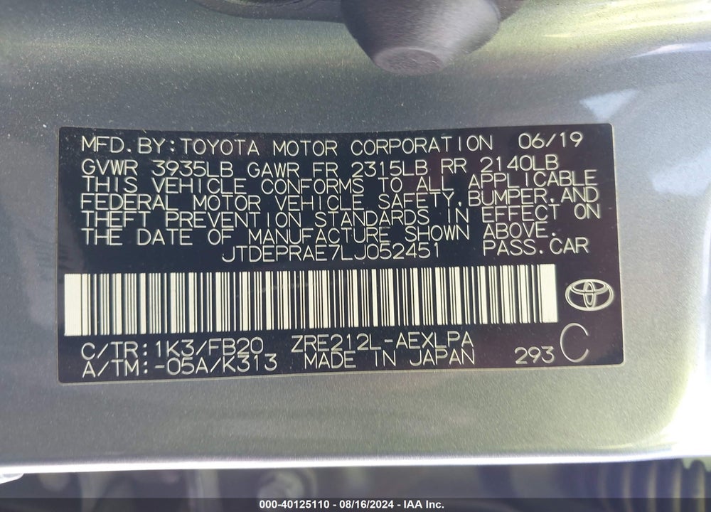 2020 TOYOTA COROLLA LE VIN: JTDEPRAE7LJ052451