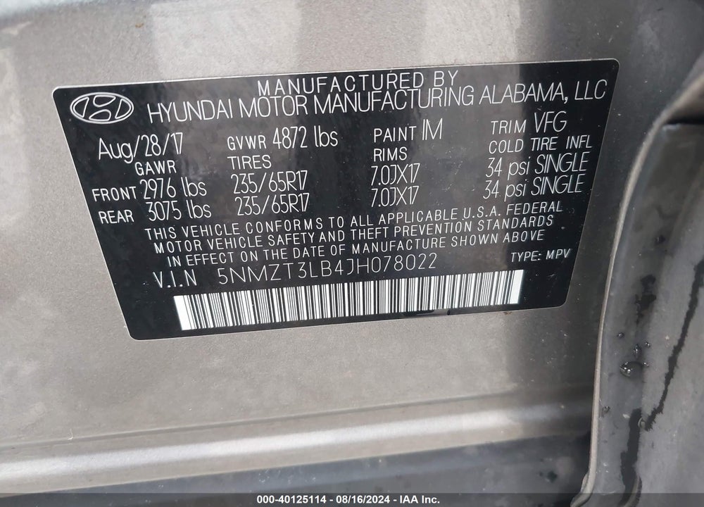 2018 HYUNDAI SANTA FE SPORT 2.4L VIN: 5NMZT3LB4JH078022