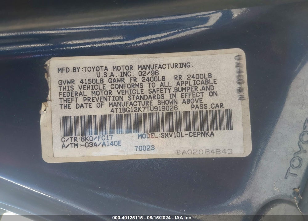 1996 TOYOTA CAMRY DX/LE/XLE VIN: 4T1BG12K7TU919026