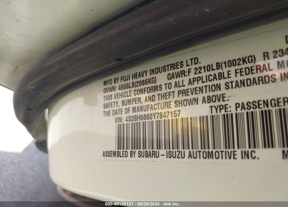 2000 SUBARU OUTBACK LIMITED VIN: 4S3BH6860Y7647157