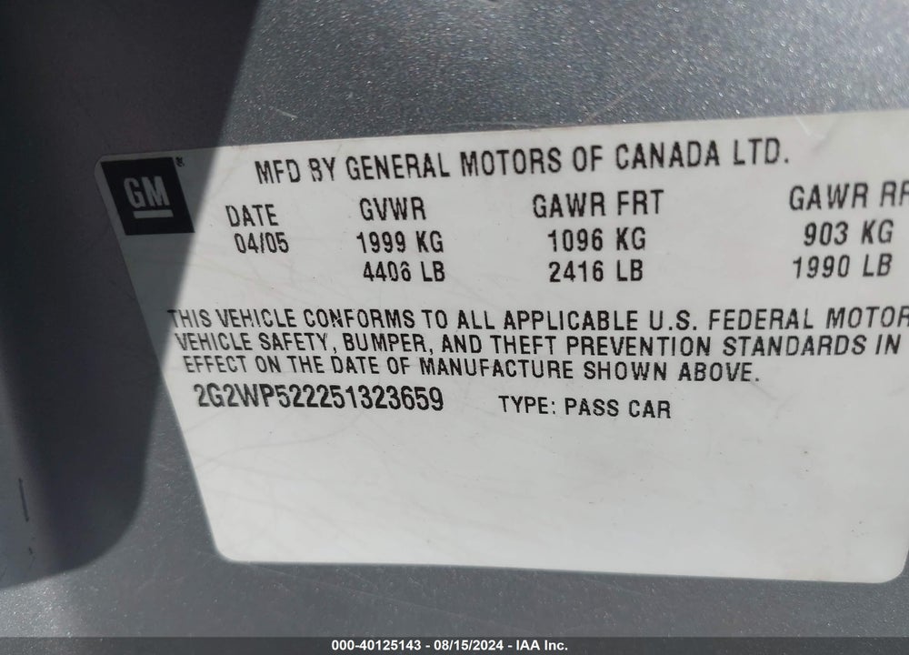 2005 PONTIAC GRAND PRIX VIN: 2G2WP522251323659