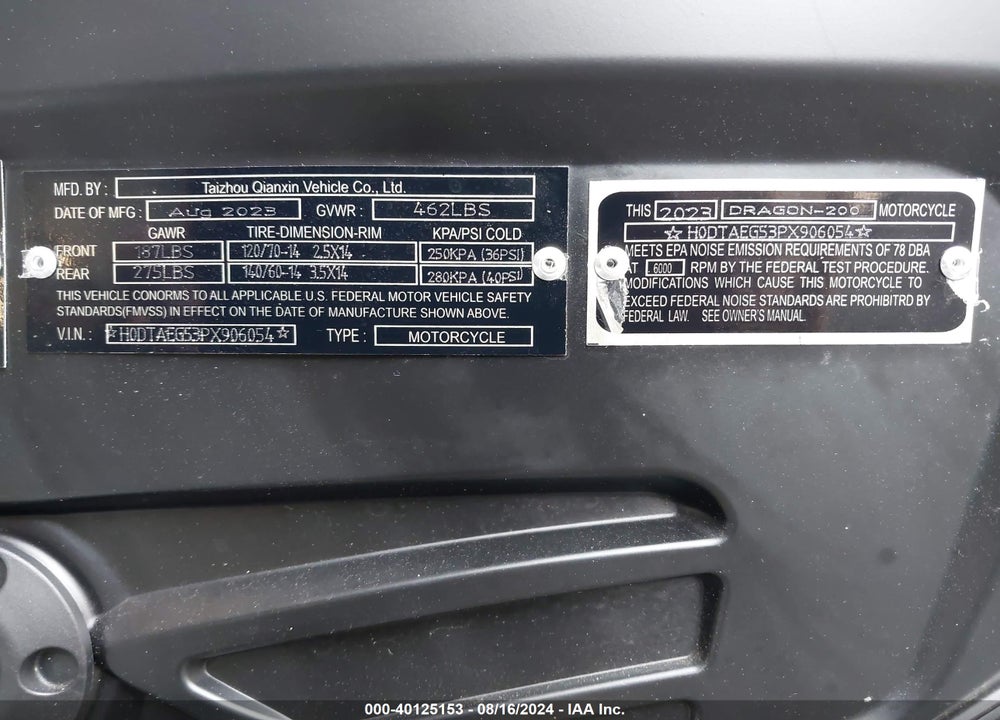 2023 FENGY MOTORCYCLE VIN: H0DTAEG53PX906054