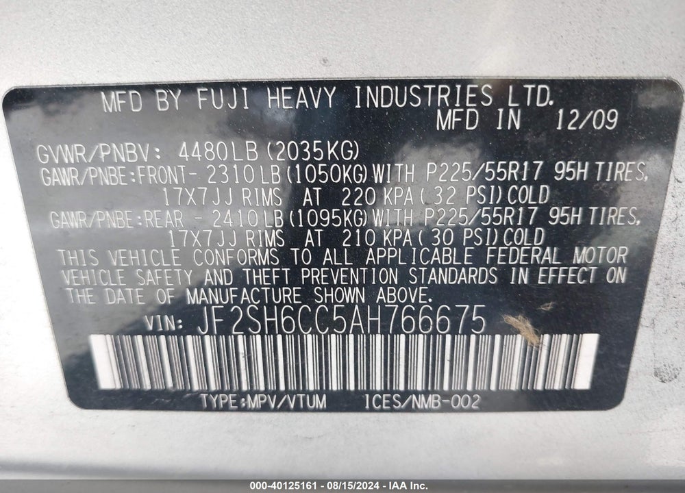 2010 SUBARU FORESTER 2.5X PREMIUM VIN: JF2SH6CC5AH766675