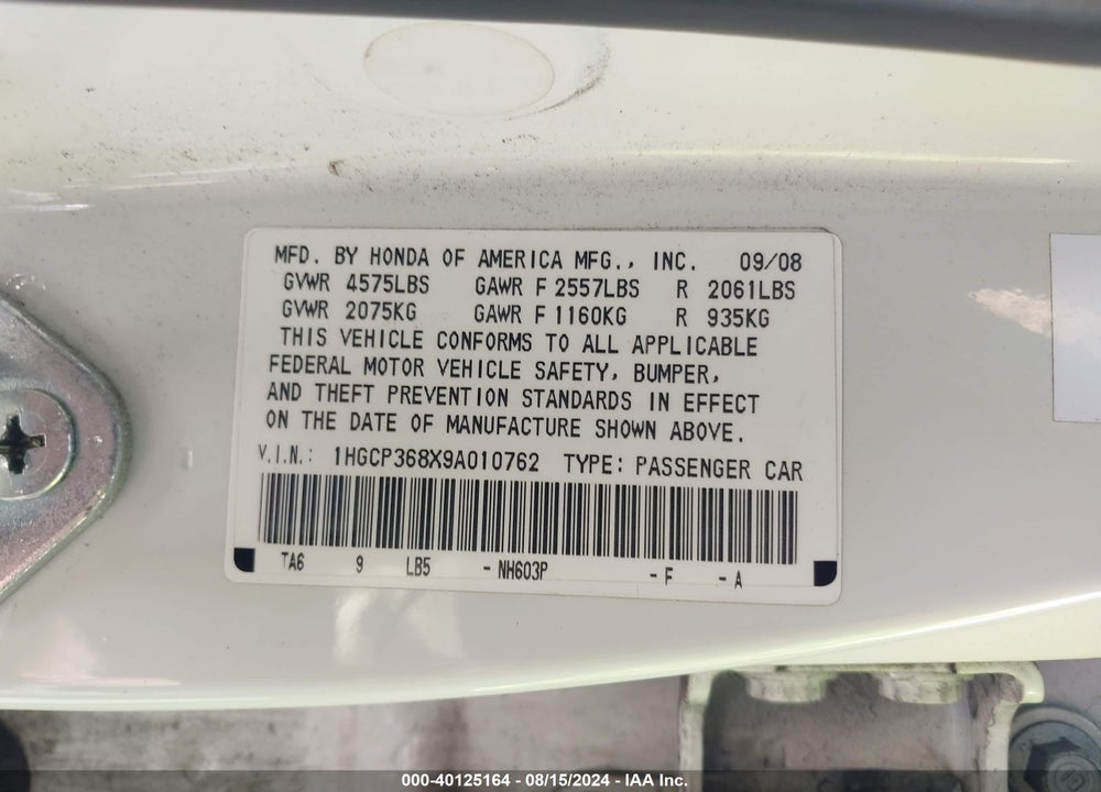 2009 HONDA ACCORD 3.5 EX-L VIN: 1HGCP368X9A010762