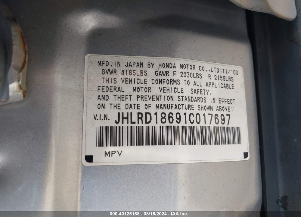 2001 HONDA CR-V EX VIN: JHLRD18691C017697
