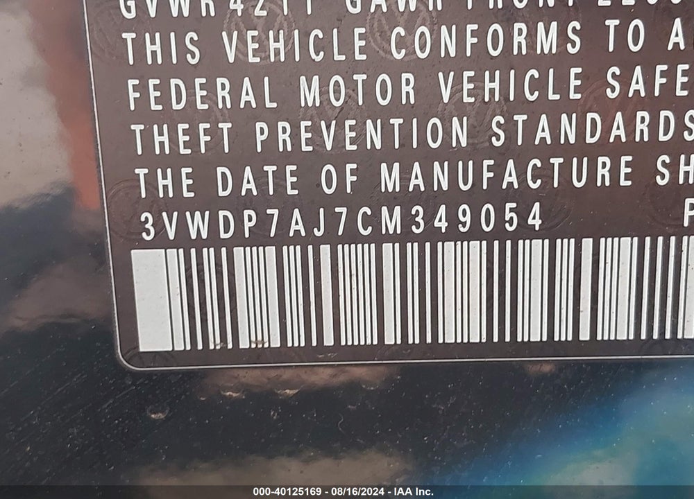 2012 VOLKSWAGEN JETTA 2.5L SE VIN: 3VWDP7AJ7CM349054