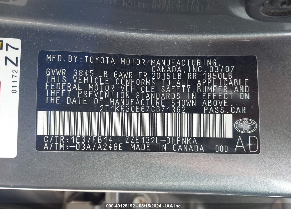 2007 TOYOTA MATRIX/XR VIN: 2T1KR30E67C671362