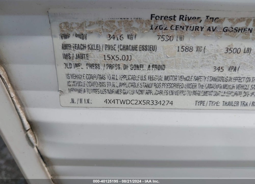 2005 FOREST RIVER WILDWOOD VIN: 4X4TWDC2X5R334274
