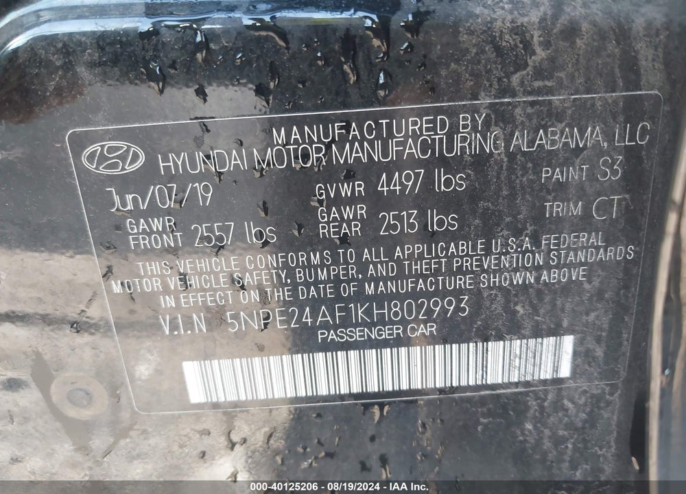 2019 HYUNDAI SONATA SE VIN: 5NPE24AF1KH802993