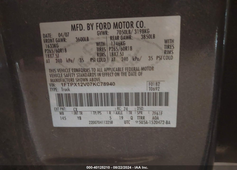 2007 FORD F-150 LARIAT/STX/XL/XLT VIN: 1FTPX12V07KC78940