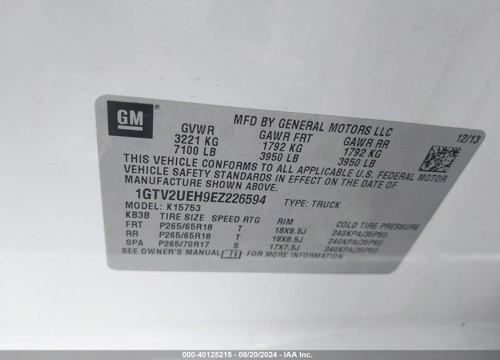 2014 GMC SIERRA 1500 SLE VIN: 1GTV2UEH9EZ226594