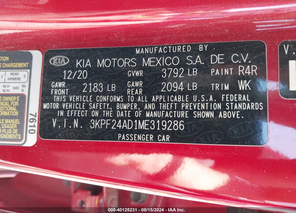 2021 KIA FORTE LXS VIN: 3KPF24AD1ME319286