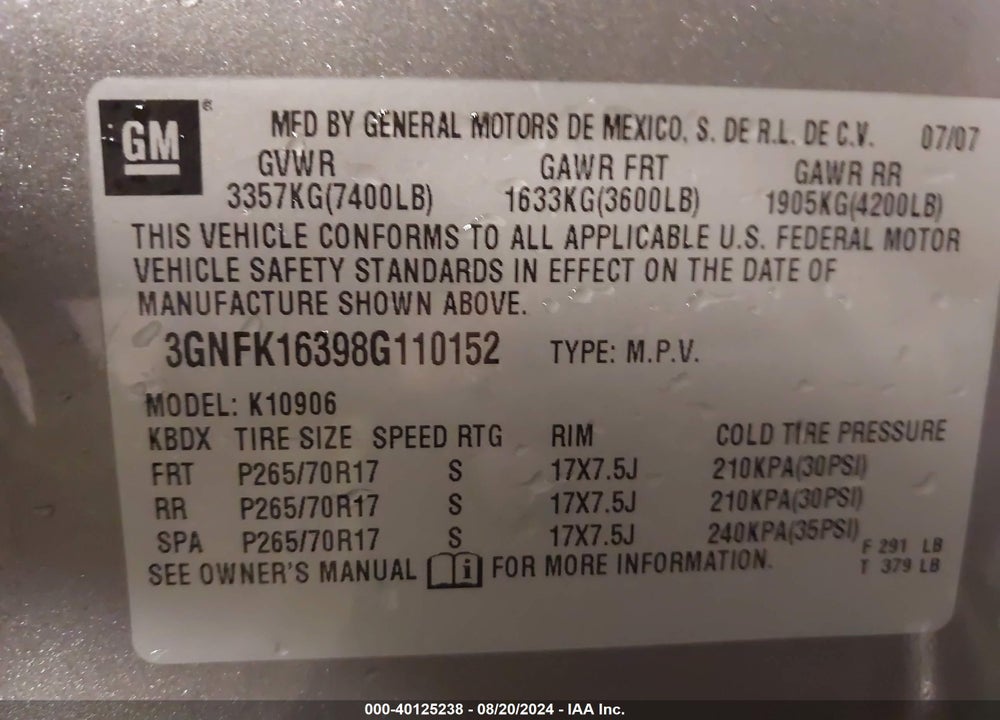 2008 CHEVROLET SUBURBAN 1500 LT VIN: 3GNFK16398G110152