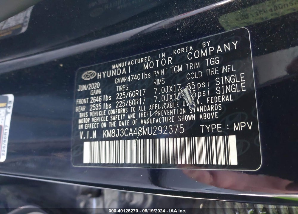 2021 HYUNDAI TUCSON VALUE VIN: KM8J3CA48MU292375