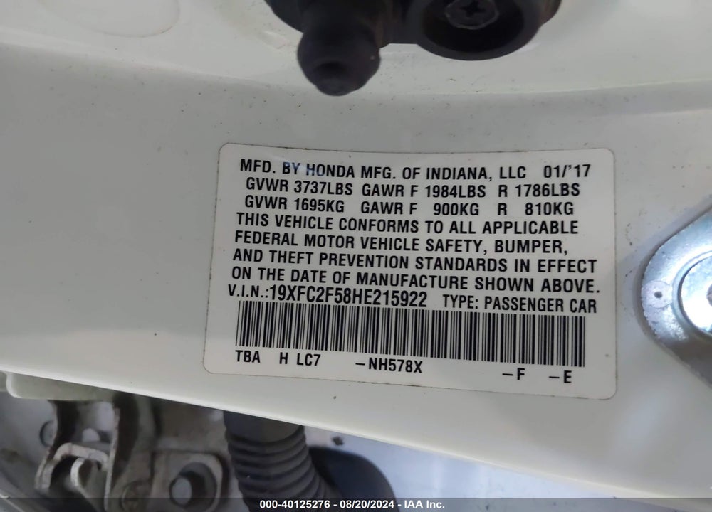 2017 HONDA CIVIC LX VIN: 19XFC2F58HE215922
