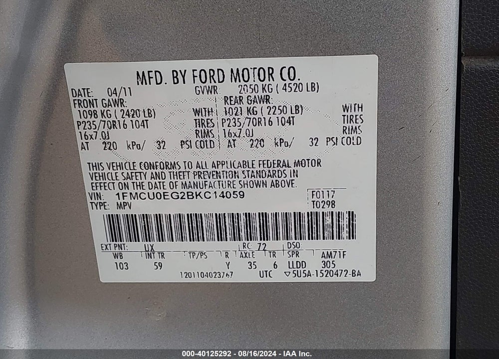 2011 FORD ESCAPE LIMITED VIN: 1FMCU0EG2BKC14059