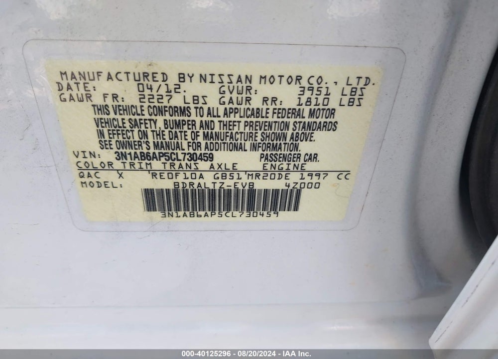 2012 NISSAN SENTRA 2.0 SR VIN: 3N1AB6AP5CL730459