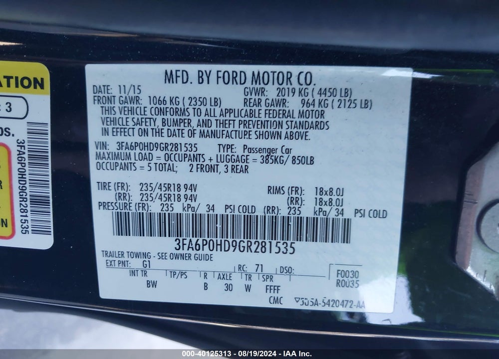 2016 FORD FUSION SE VIN: 3FA6P0HD9GR281535