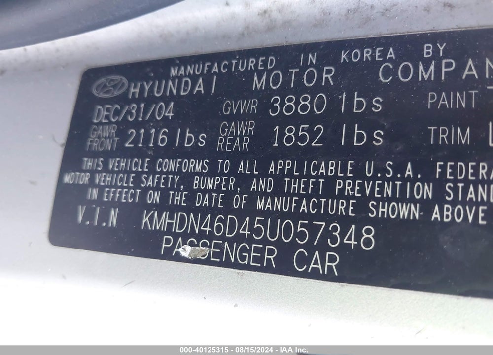 2005 HYUNDAI ELANTRA GLS/GT VIN: KMHDN46D45U057348