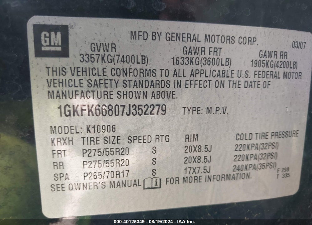 2007 GMC YUKON XL 1500 DENALI VIN: 1GKFK66807J352279