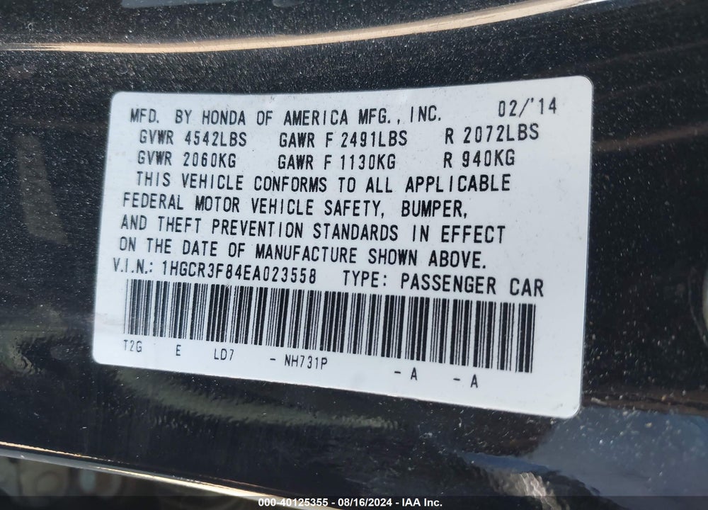 2014 HONDA ACCORD EX-L V-6 VIN: 1HGCR3F84EA023558