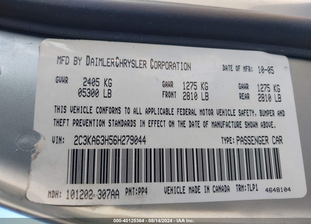 2006 CHRYSLER 300C VIN: 2C3KA63H56H279044