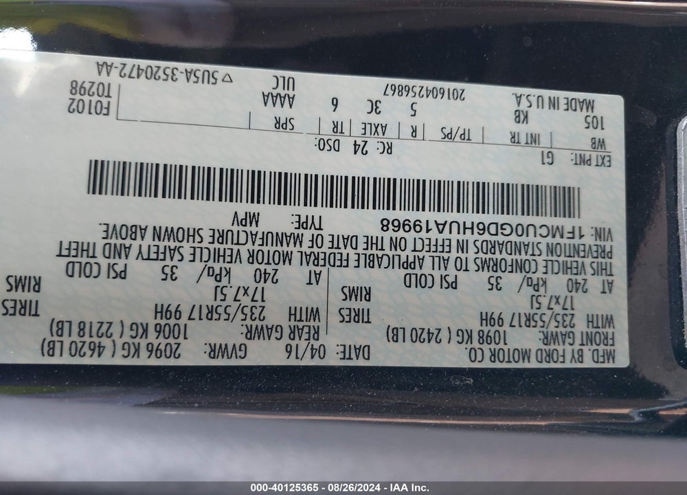 2017 FORD ESCAPE SE VIN: 1FMCU0GD6HUA19968