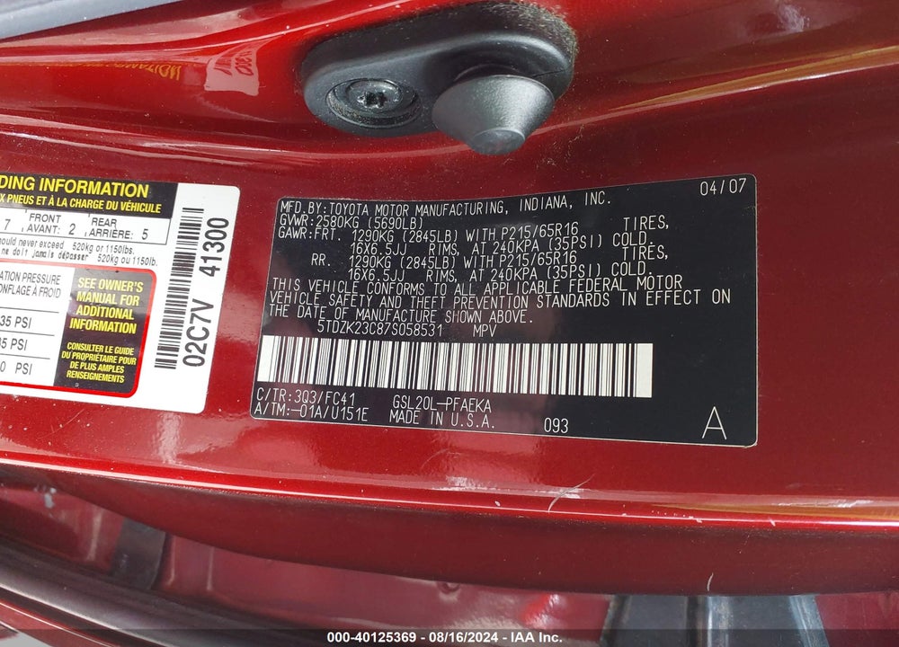 2007 TOYOTA SIENNA LE VIN: 5TDZK23C87S058531