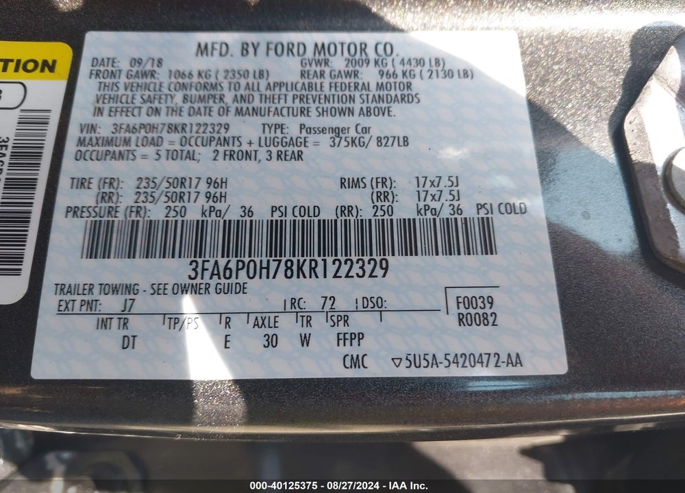 2019 FORD FUSION SE VIN: 3FA6P0H78KR122329