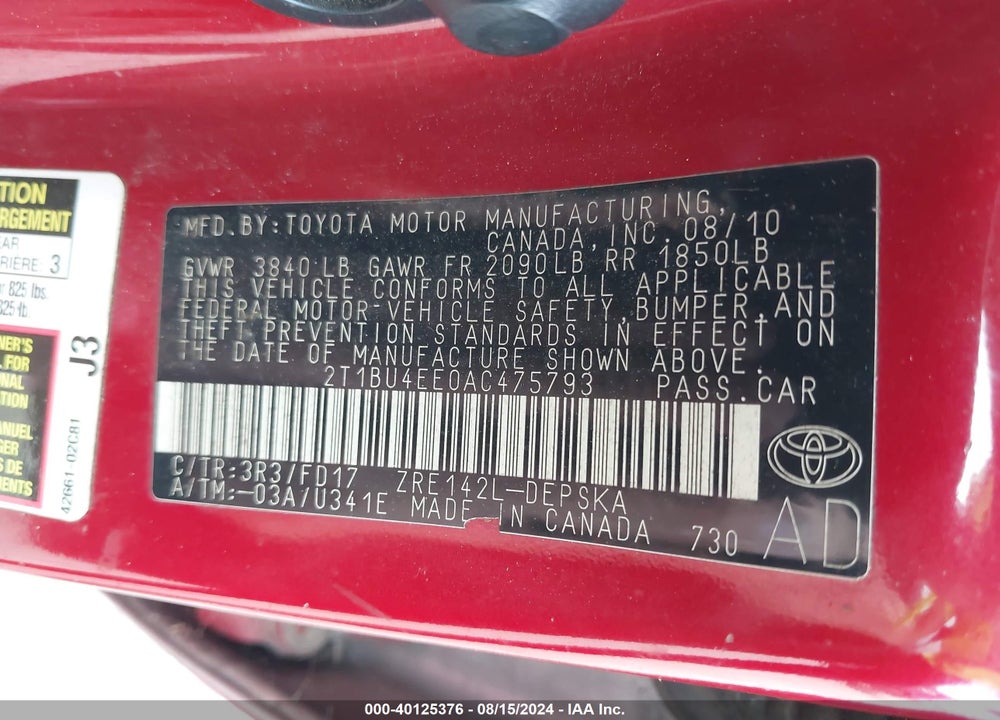2010 TOYOTA COROLLA S VIN: 2T1BU4EE0AC475793