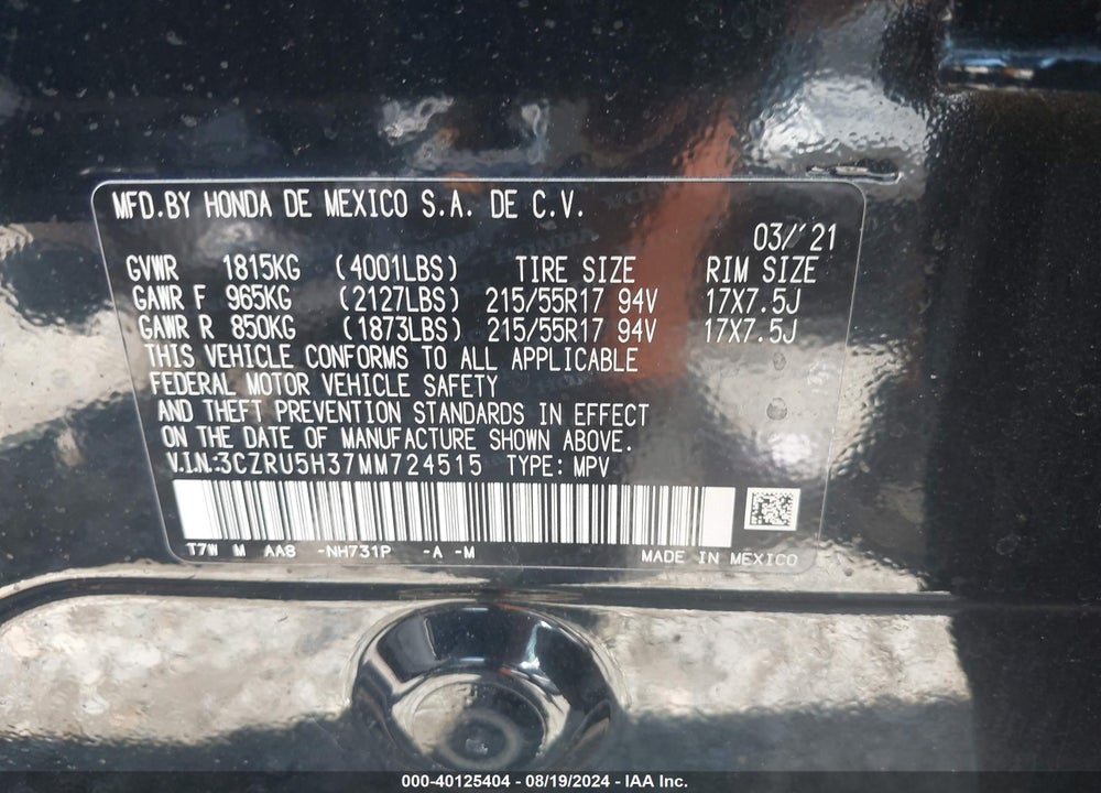 2021 HONDA HR-V 2WD LX VIN: 3CZRU5H37MM724515