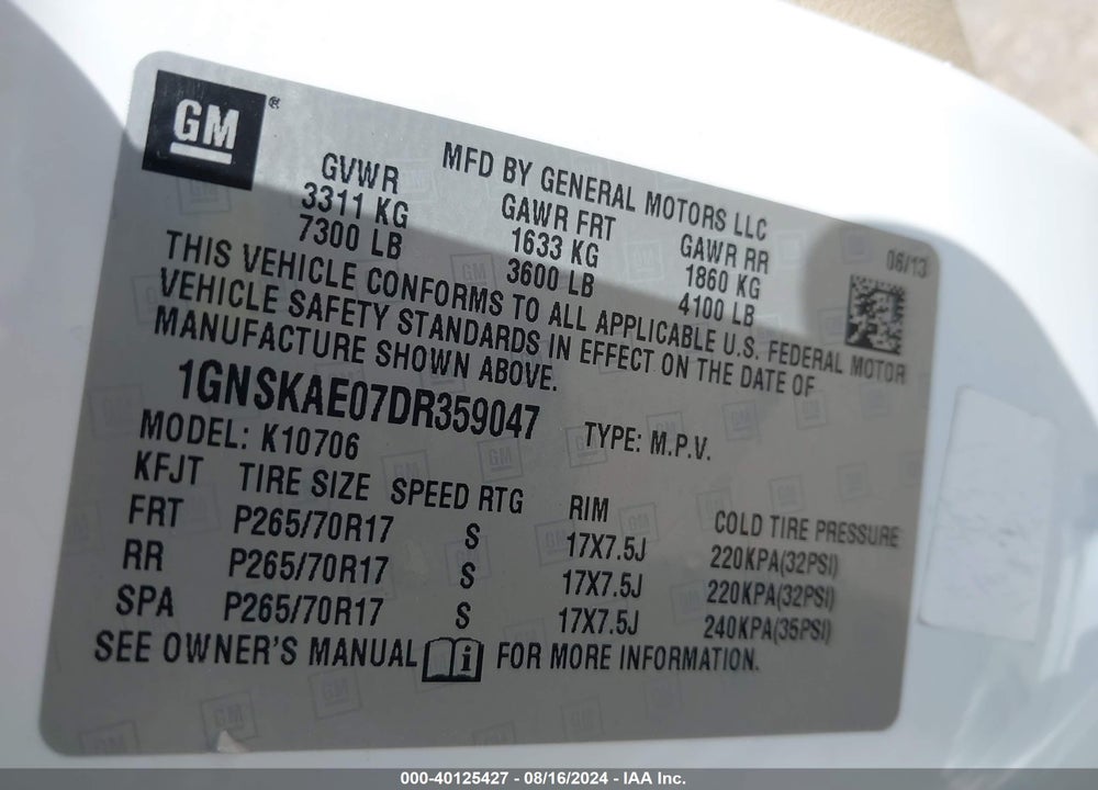 2013 CHEVROLET TAHOE LS VIN: 1GNSKAE07DR359047