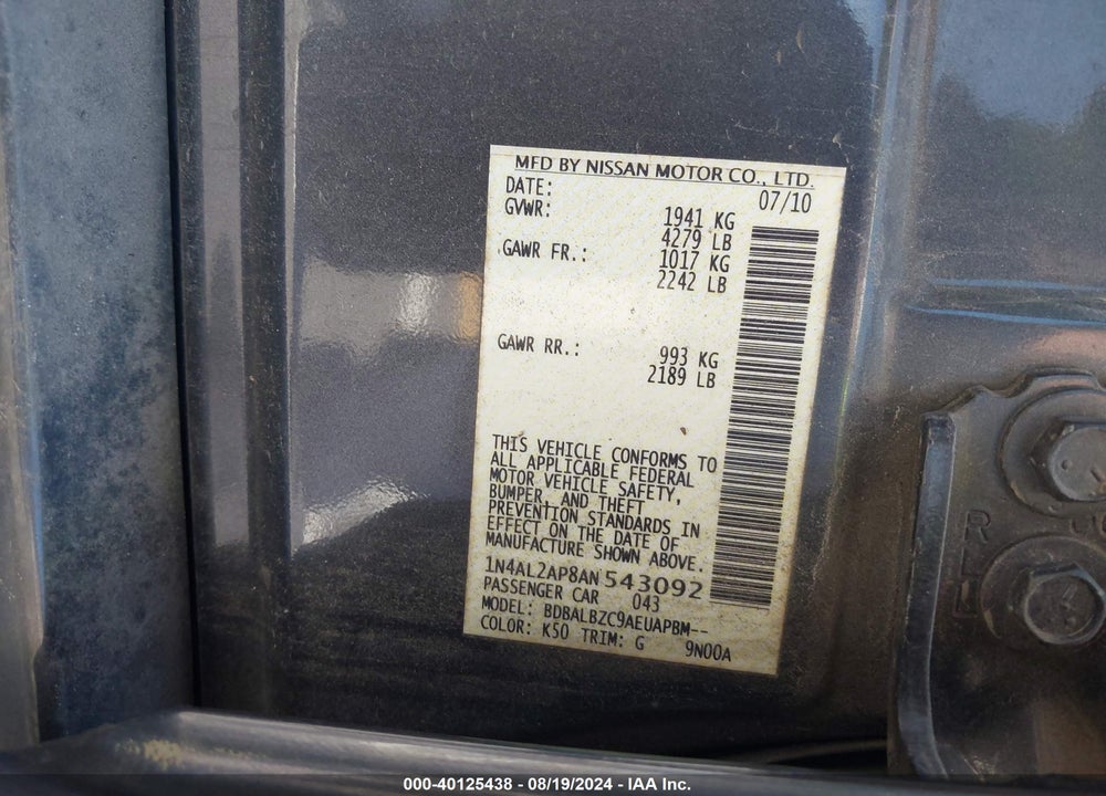 2010 NISSAN ALTIMA 2.5 S VIN: 1N4AL2AP8AN543092