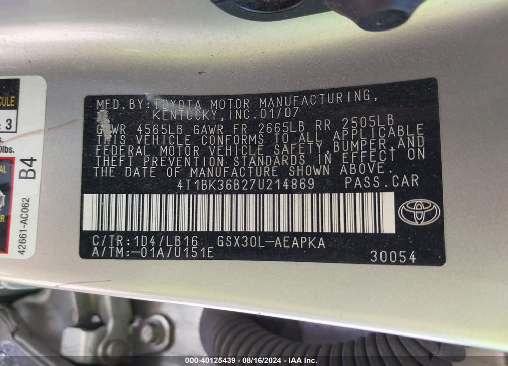 2007 TOYOTA AVALON LIMITED VIN: 4T1BK36B27U214869