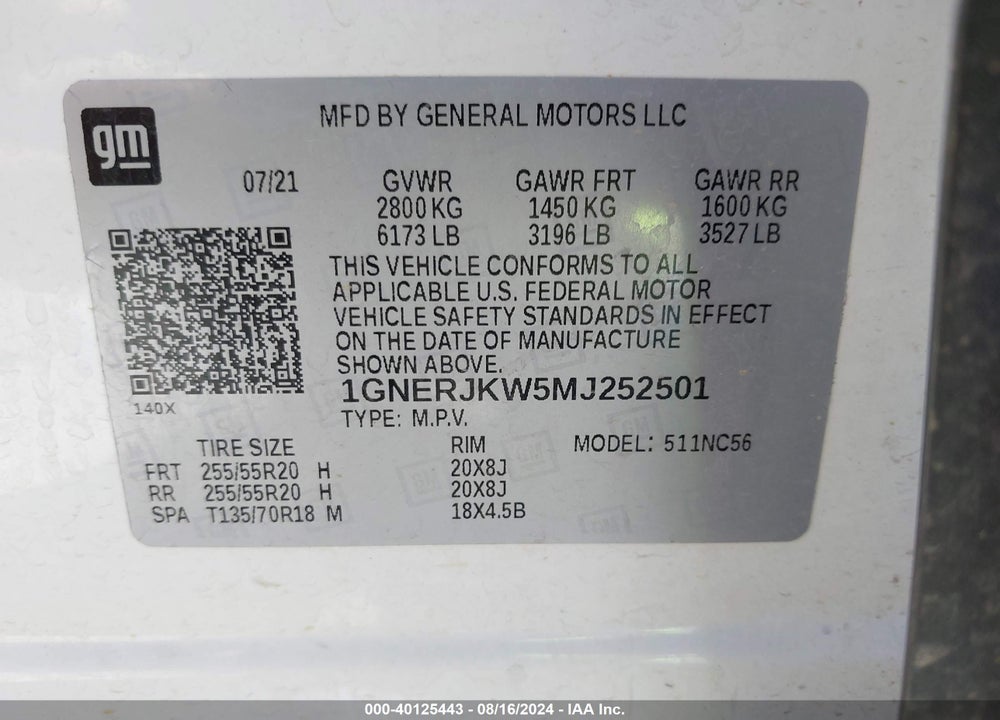 2021 CHEVROLET TRAVERSE FWD RS VIN: 1GNERJKW5MJ252501