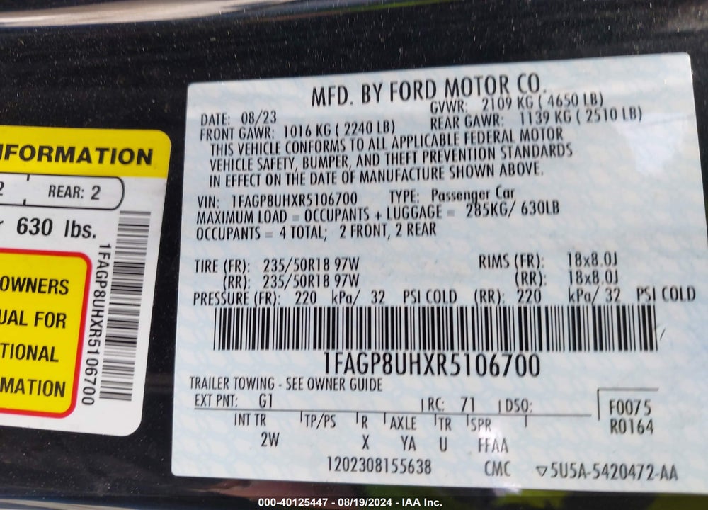 2024 FORD MUSTANG ECOBOOST/ECOBOOST PREMIUM VIN: 1FAGP8UHXR5106700