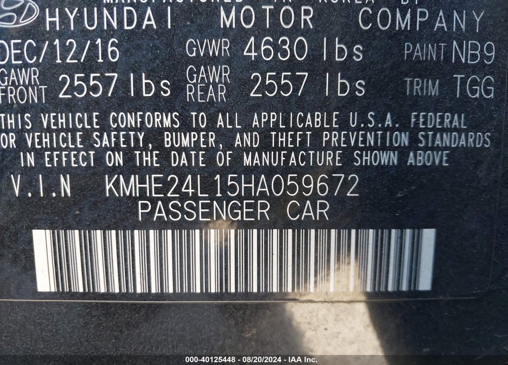 2017 HYUNDAI SONATA HYBRID SE VIN: KMHE24L15HA059672