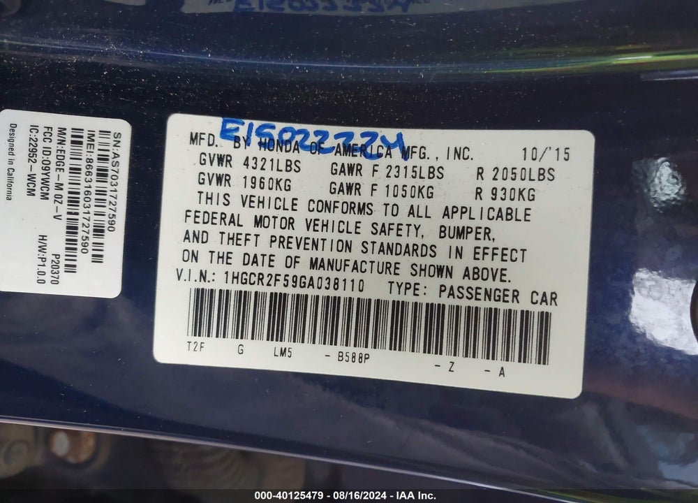2016 HONDA ACCORD SPORT VIN: 1HGCR2F59GA038110